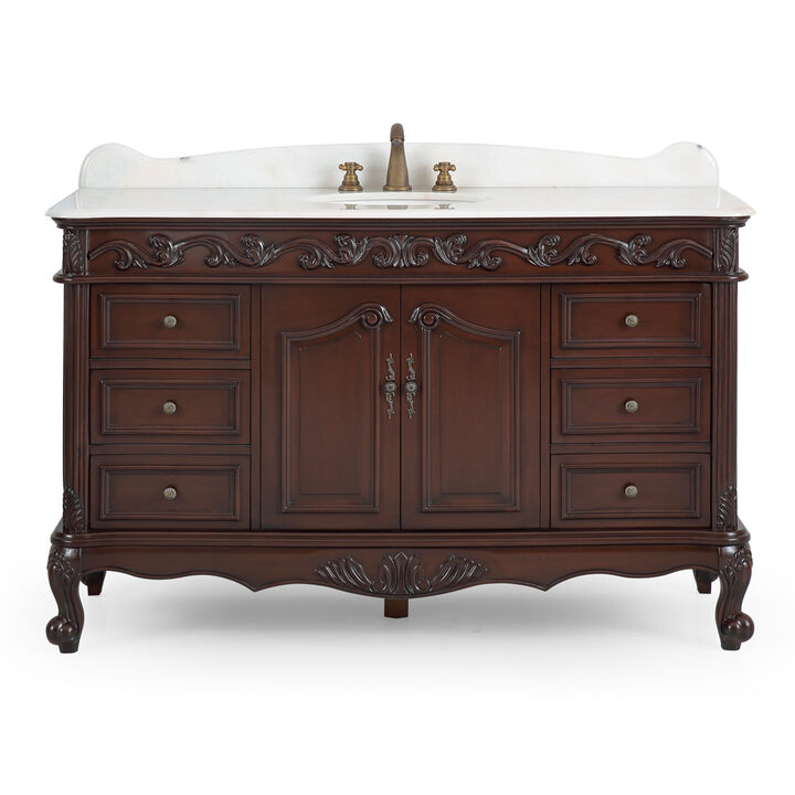 56 Inch Traditional Style Brown Beckham Bathroom Sink Vanity With White Top