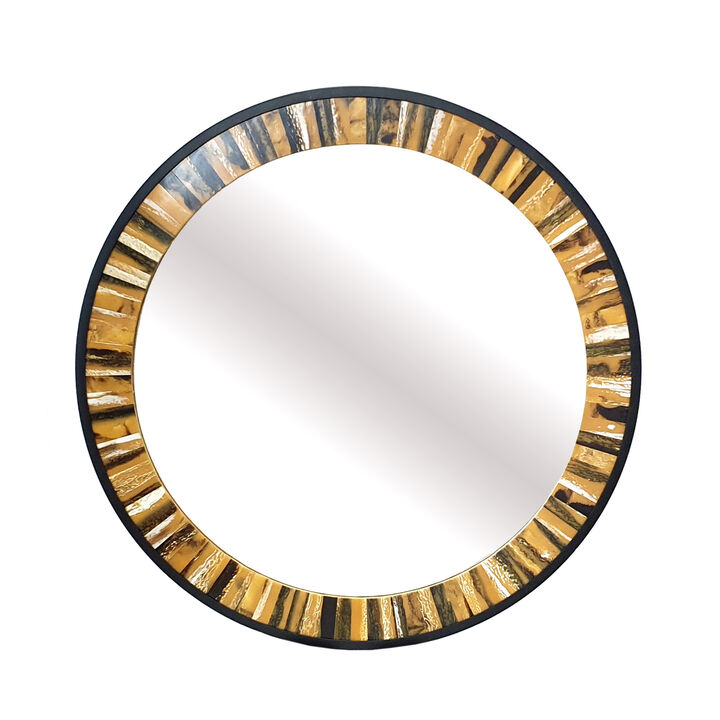 32 Inch Accent Wall Mirror, Round Metal Frame with Agate Inspired Pattern-Benzara