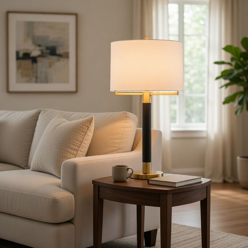Table Lamp, Off White Drum Shade, 28 Inch Black Body with Brass Accent image number 8