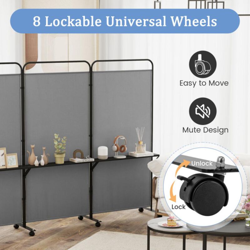 Hivvago 3-Panel Folding Room Divider with 3 Metal Shelves and Lockable Wheels