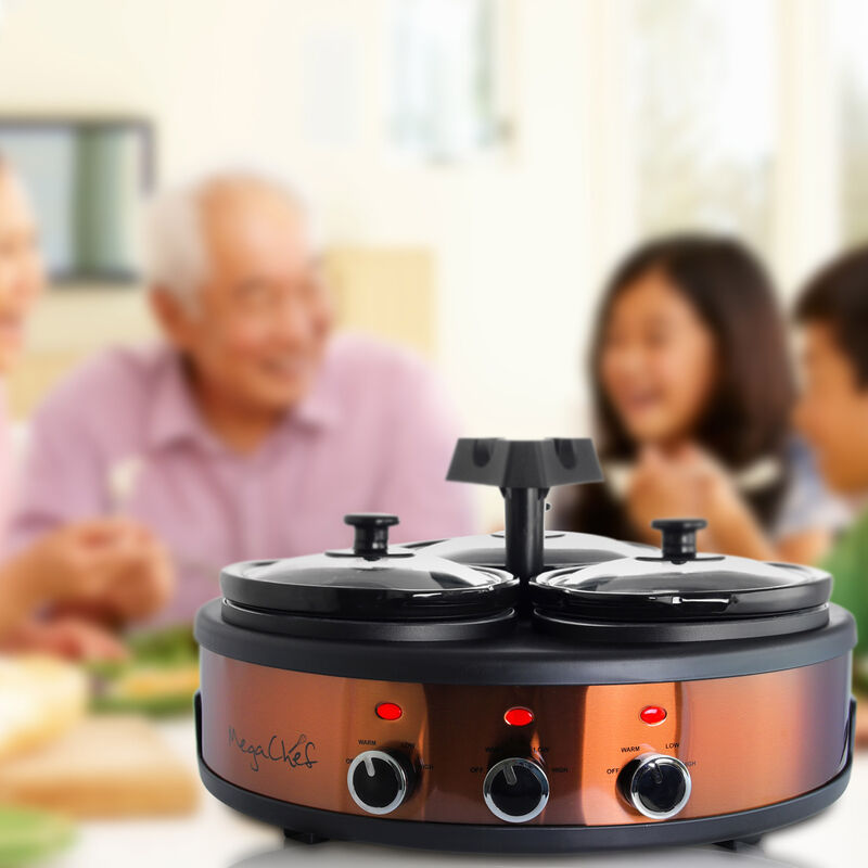 MegaChef Round Triple 1.5 Quart Slow Cooker and Buffet Server in Brushed Copper and Black Finish with 3 Ceramic Cooking Pots and Removable Lid Rests image number 5