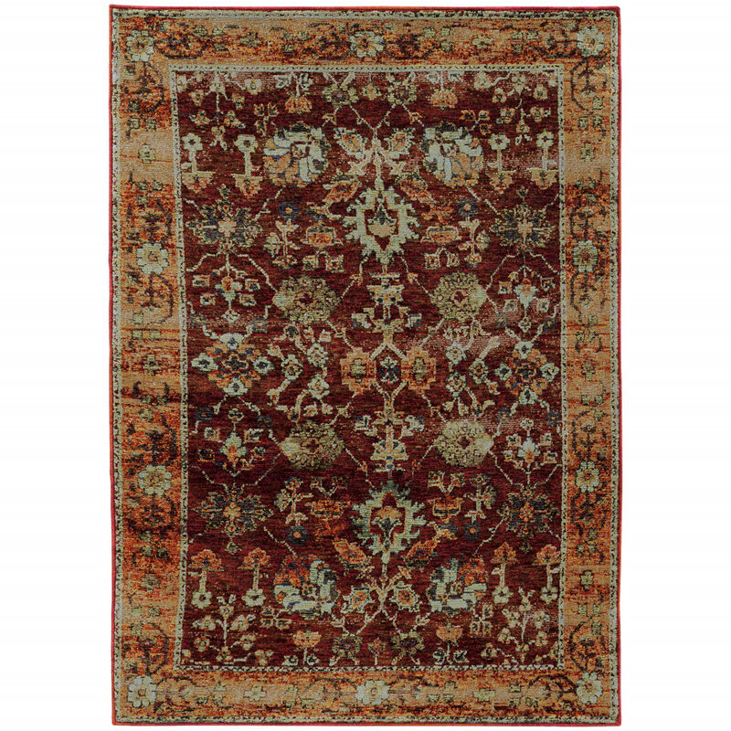 5 X 7 Red gold And green Oriental Power Loom Stain Resistant Area Rug