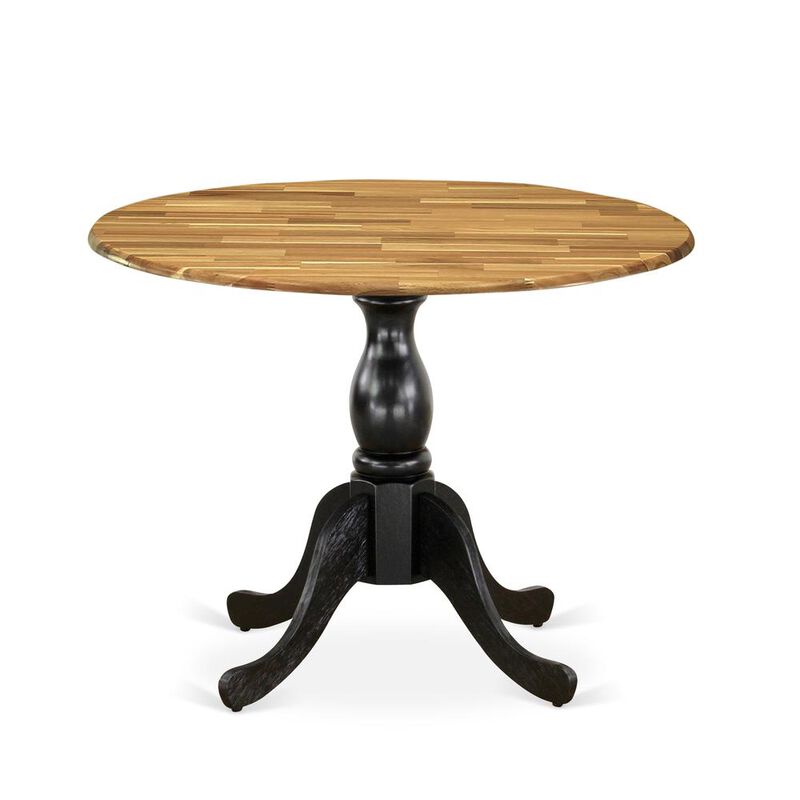 East West Furniture Round Dinning Table with Drop Leaves - Natural Table Top and Black Pedestal Leg Finish