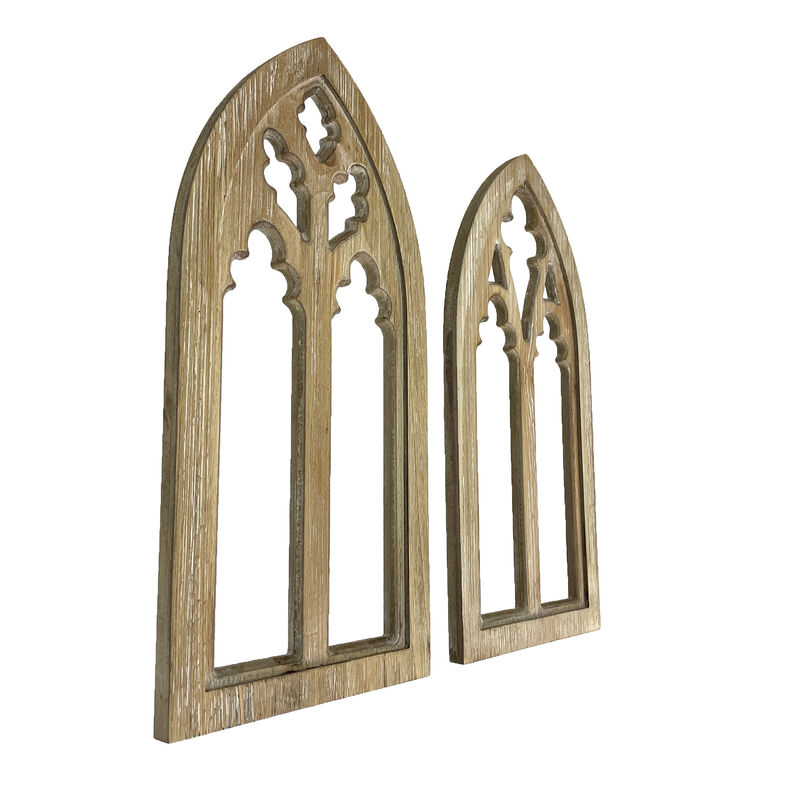 Whitewashed Wood Gothic Arch Window Frame Wall Decor 2 Piece Set image number 5