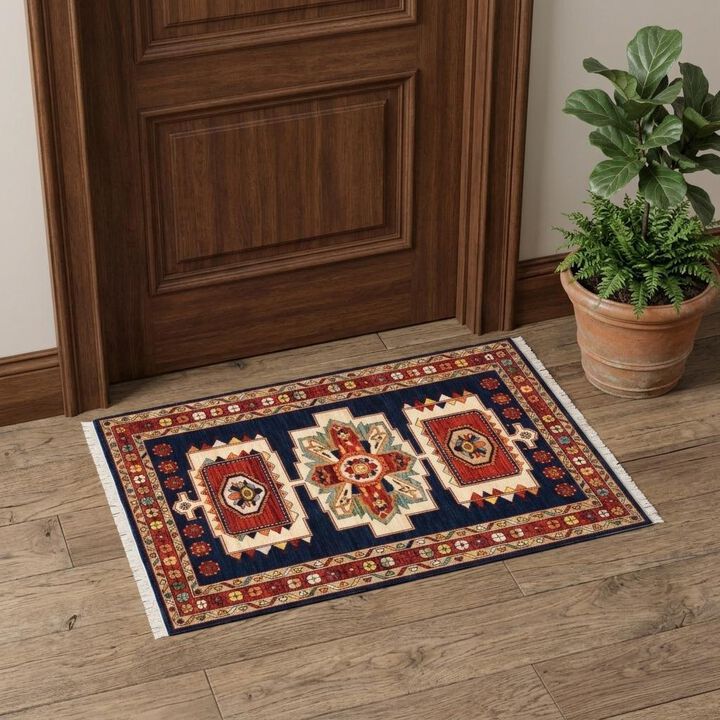 HomeRoots 2' X 3' Blue Red Machine Woven Medallions Indoor Area Rug
