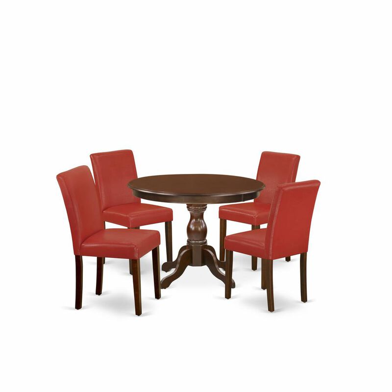 East West Furniture HBAB5-MAH-72 5 Piece Dining Room Table Set - Mahogany Small Dining Table and 4 Firebrick Red PU Leather Kitchen Chairs with High Back - Mahogany Finish