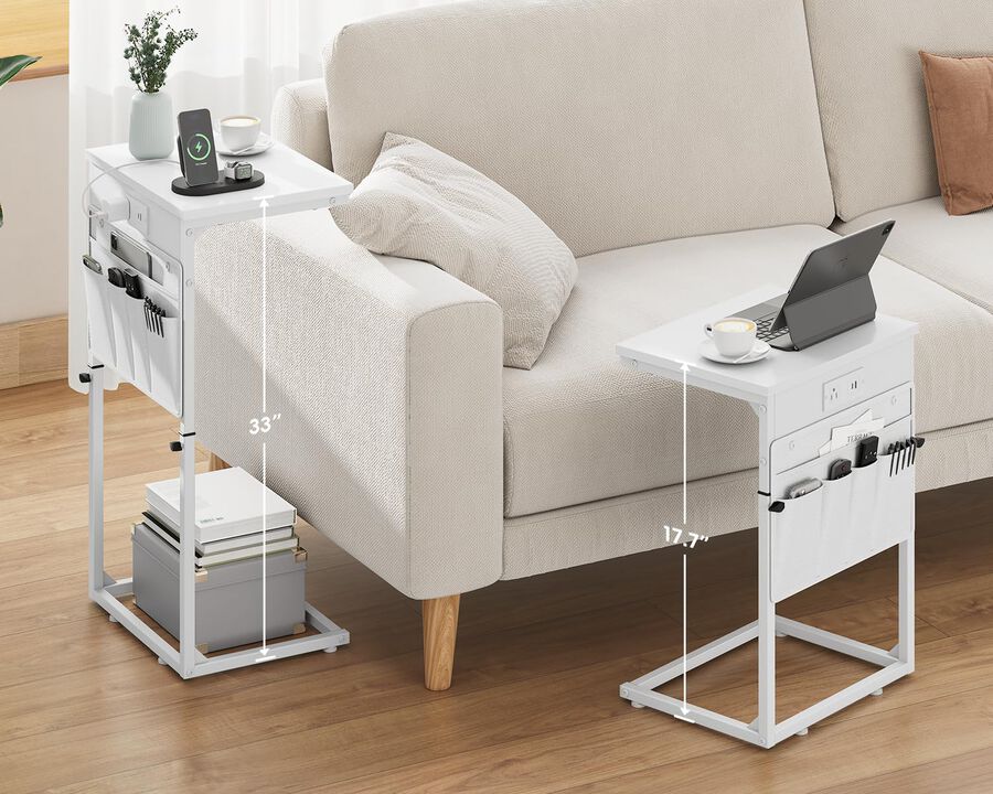 Vagusicc C Shaped End Table with Charging Station, 33""Tall Couch Side Table , Adjustable Height Small Couch Side Table for Smal