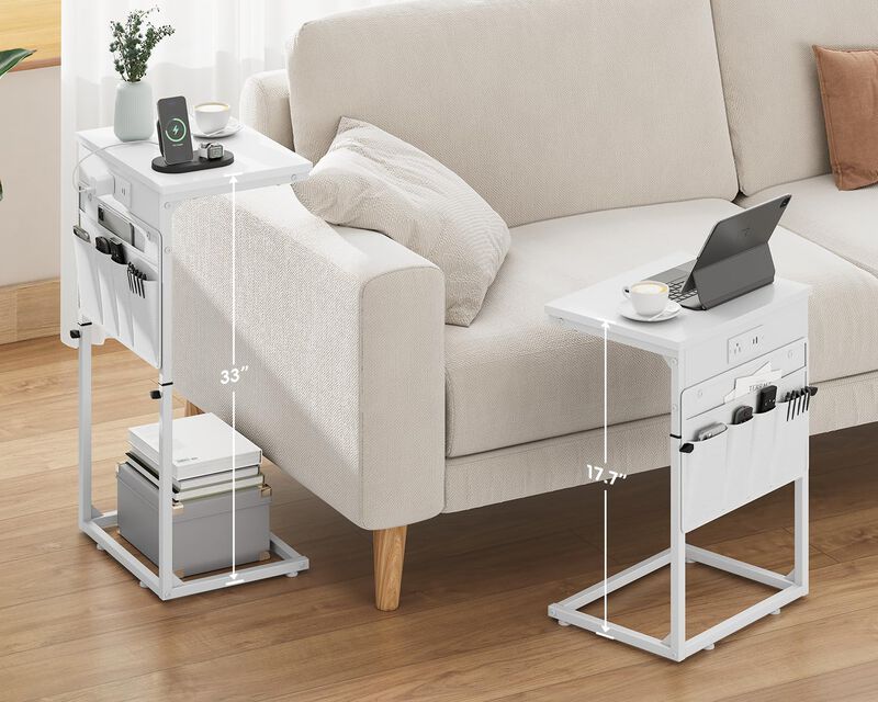 Vagusicc C Shaped End Table with Charging Station, 33""Tall Couch Side Table , Adjustable Height Small Couch Side Table for Smal