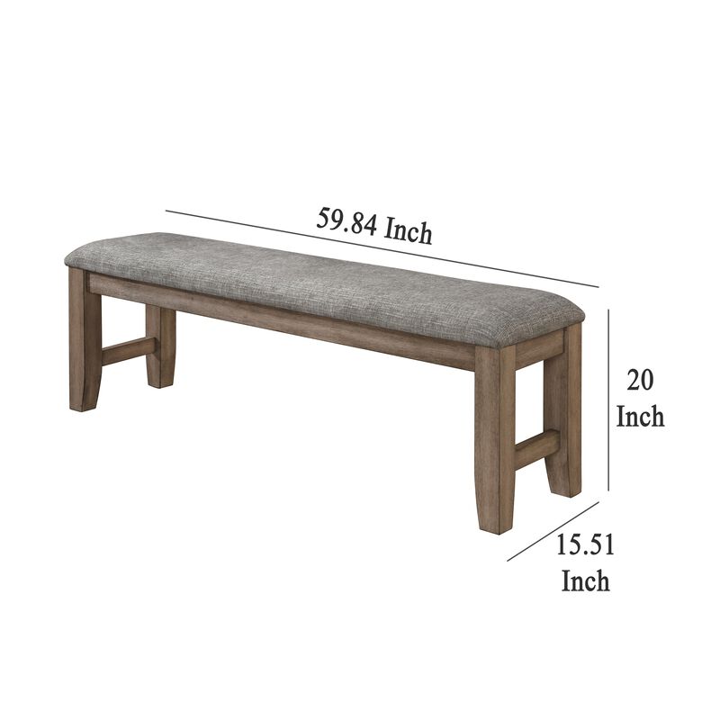 Harris Dining Bench, Gray Fabric, Brown Solid Rubberwood, 60 Inch - Benzara