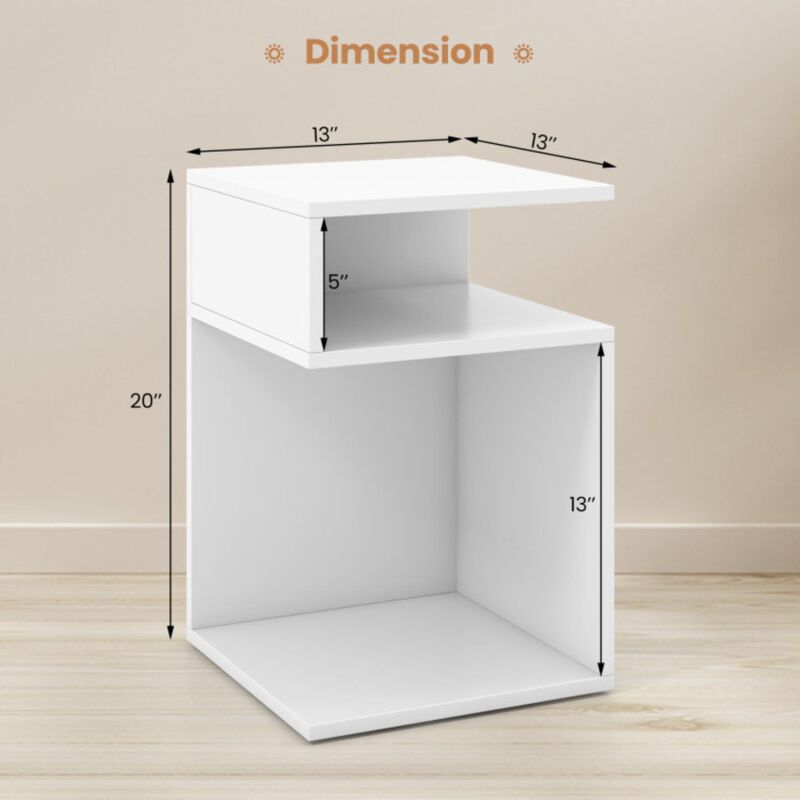 Hivvago S-Shaped Side Table with Unique S-shaped Frame and 2 Open Compartments-White