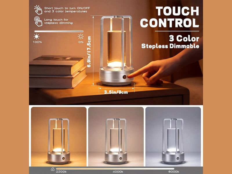 Table Lamp Set &ndash; 6 Pack Portable Silver LED Rechargeable Touch Light, 3‑Color Dimming image number 2