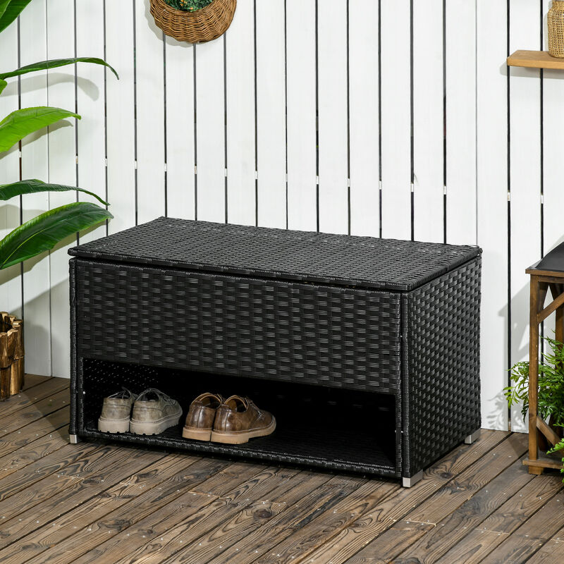 Outsunny Outdoor Deck Box & Shoe Storage, PE Rattan Wicker Towel Rack with Liner for Indoor, Outdoor, Patio Furniture Cushions, Pool, Toys, Garden Tools, Black