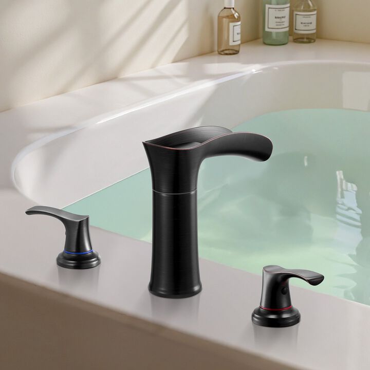 Zinc Alloy Roman Tub Faucet Set with 2 Handles, Waterfall Spout, Deck Mount-Oil-Rubbed Bronze