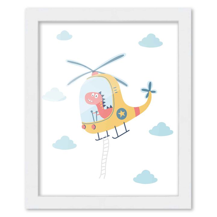 8x10 Framed Nursery Wall Art Hand Drawn Dinosaur Helicopter Poster in White Wood Frame For Kid Bedroom or Playroom