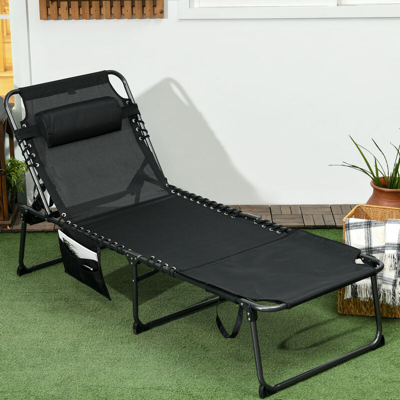Outsunny Folding Chaise Lounge with 5-level Reclining Back, Outdoor Tanning Chair with Reading Face Hole, Outdoor Lounge Chair with Side Pocket & Headrest for Beach, Yard, Patio, Black