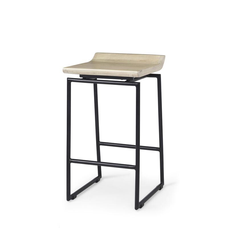 HomeRoots 25" Natural and Black Solid Wood and Metal Low Back Counter Height Bar Chair image number 0