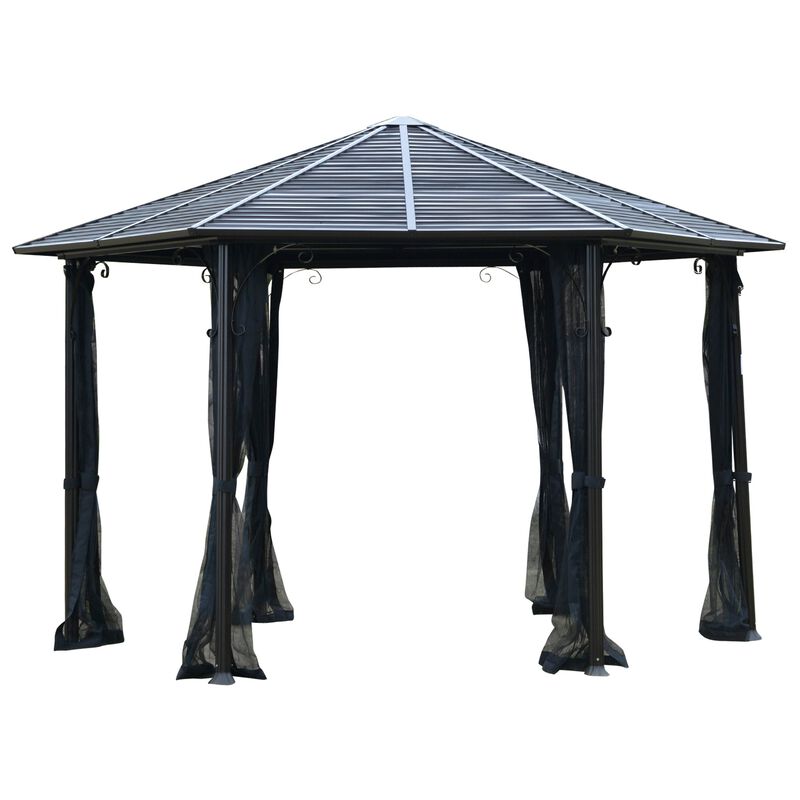 Black Outdoor Pavilion: 13'x13' Steel Hexagonal Gazebo with Netting