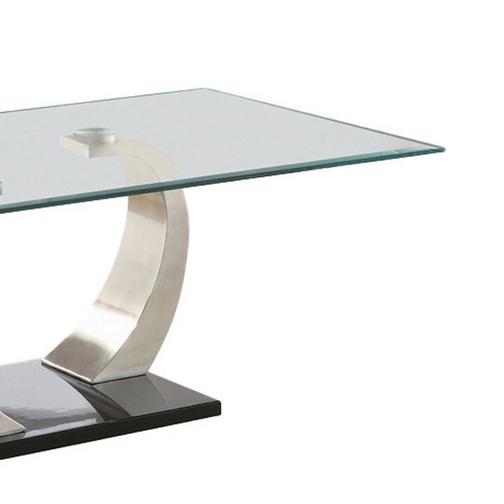 Floating Glass Top Coffee Table with Metal Support, Clear and Silver-Benzara