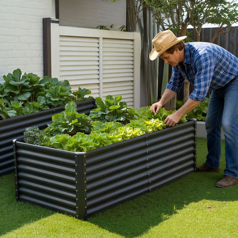 Metal Raised Garden Bed Open Bottom Galvanized Planter for Vegetables Herbs and Flowers-Dark Grey image number 1