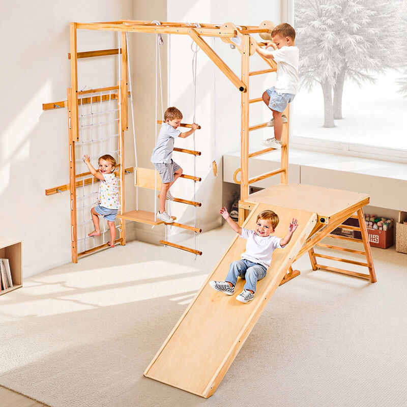 8 in 1 Wooden Indoor Playground Kids Climbing Gym with Slide Swing image number 1