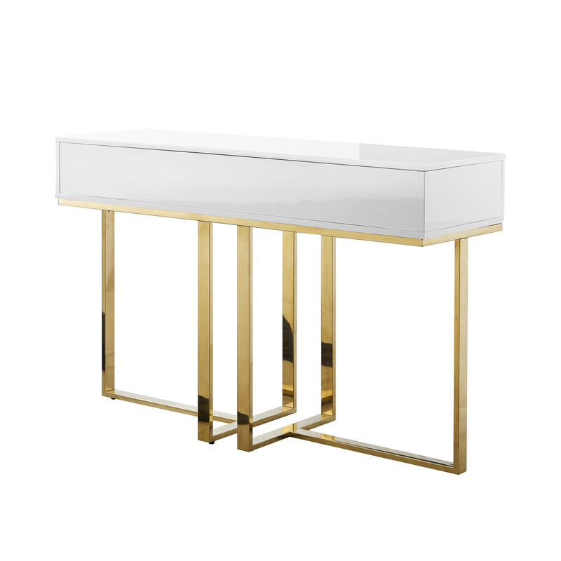 HomeRoots 47" White Wood and Gold Stainless Steel Sled Console Table With Two Drawers image number 2