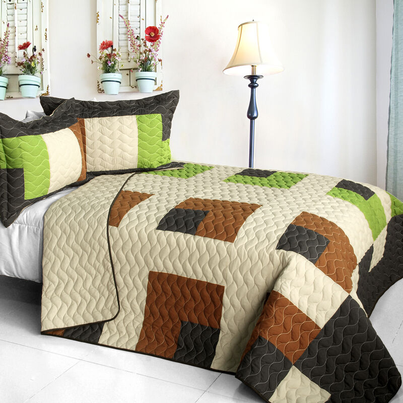 Brown 3-Piece Vermicelli Quilted Patchwork Quilt Set with Matching Shams image number 0