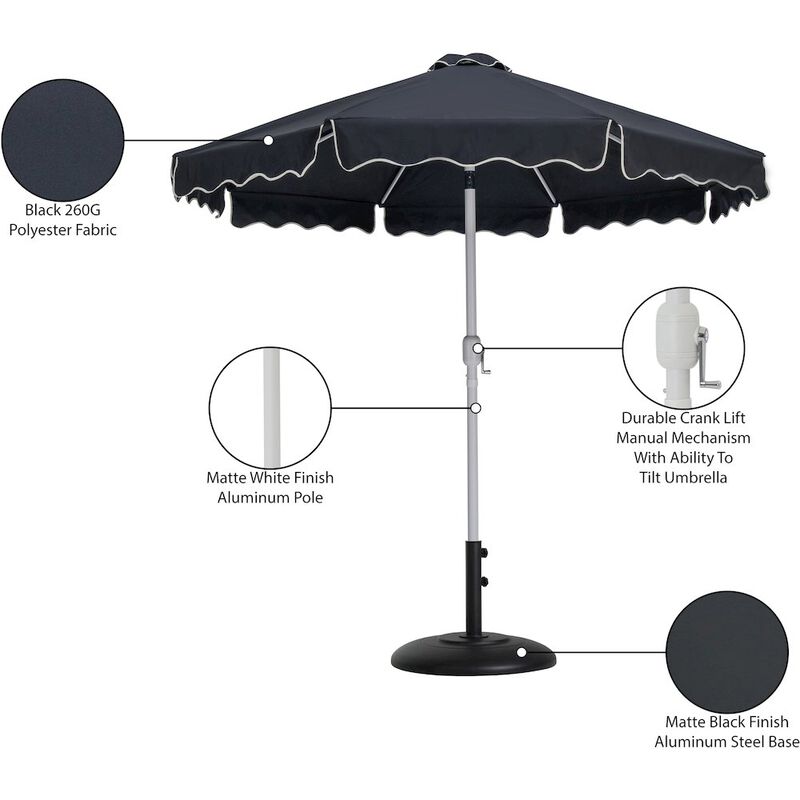 Meridian Furniture Amalfi Black With Cream Piping / Matte Black Metal Patio Umbrella with Base Sets