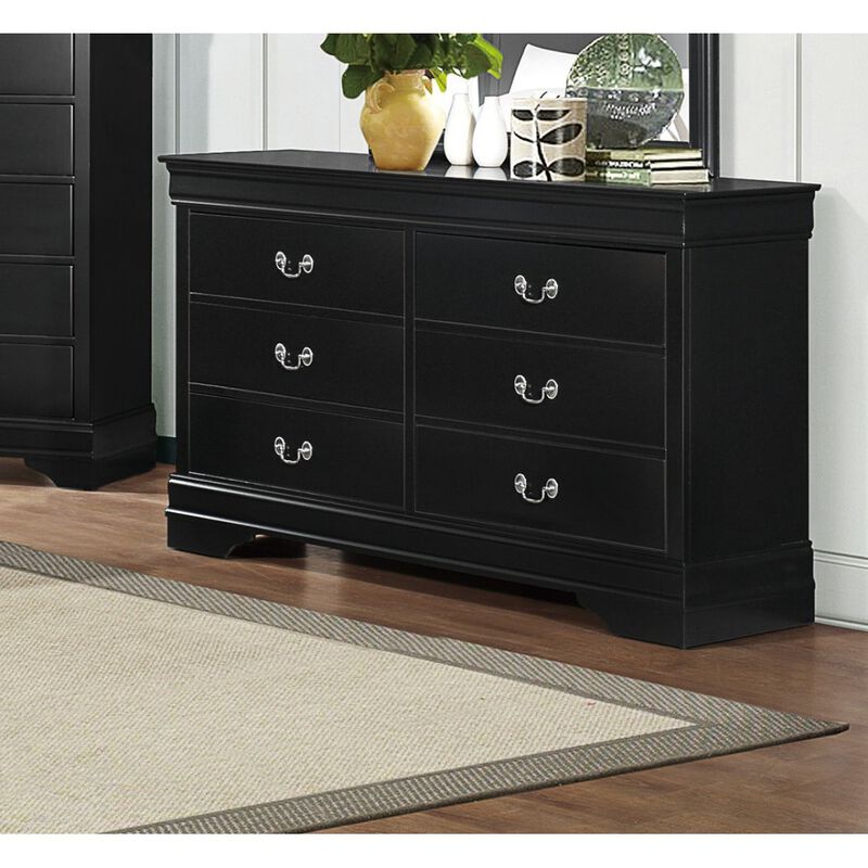 Traditional Design Black Finish Dresser of 6x Drawers 1pc Classic Louis Philippe Style Bedroom Furniture