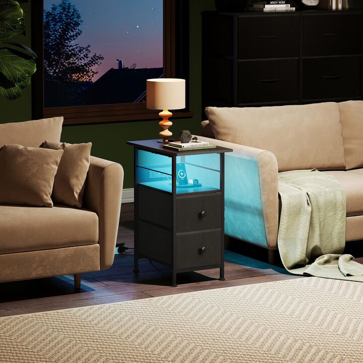 WLIVE Narrow Side Table with Charging Station, End Table with LED Light, 2 Fabric Drawers and Open Shelf, Black Bedside Tables L