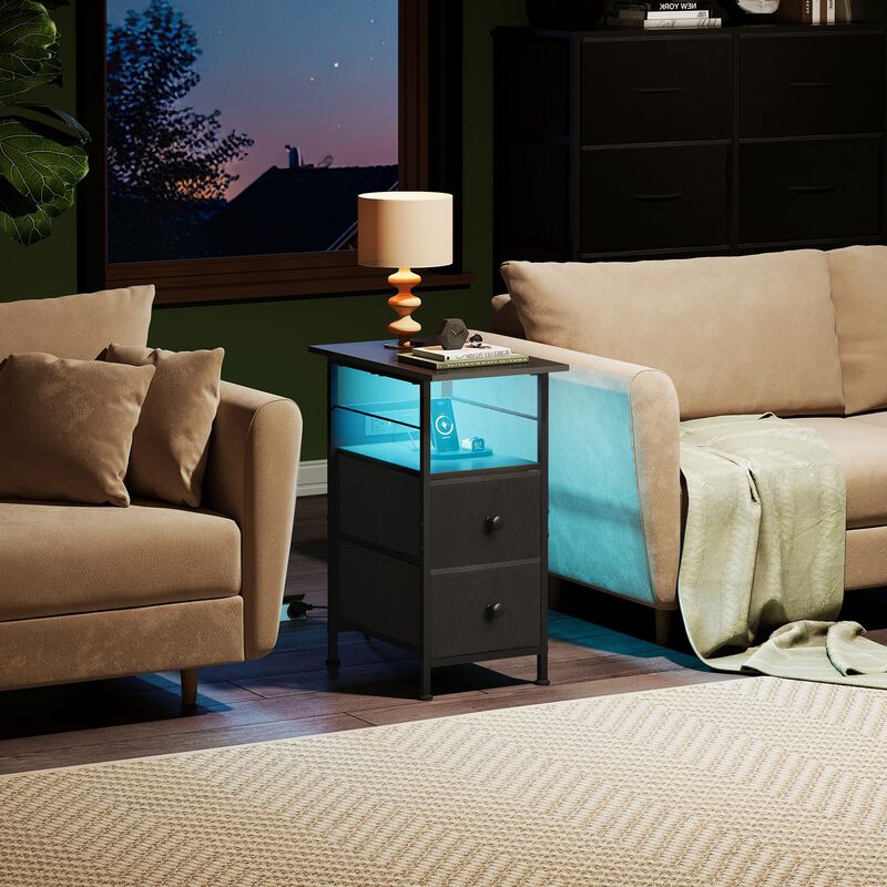 WLIVE Narrow Side Table with Charging Station, End Table with LED Light, 2 Fabric Drawers and Open Shelf, Black Bedside Tables L