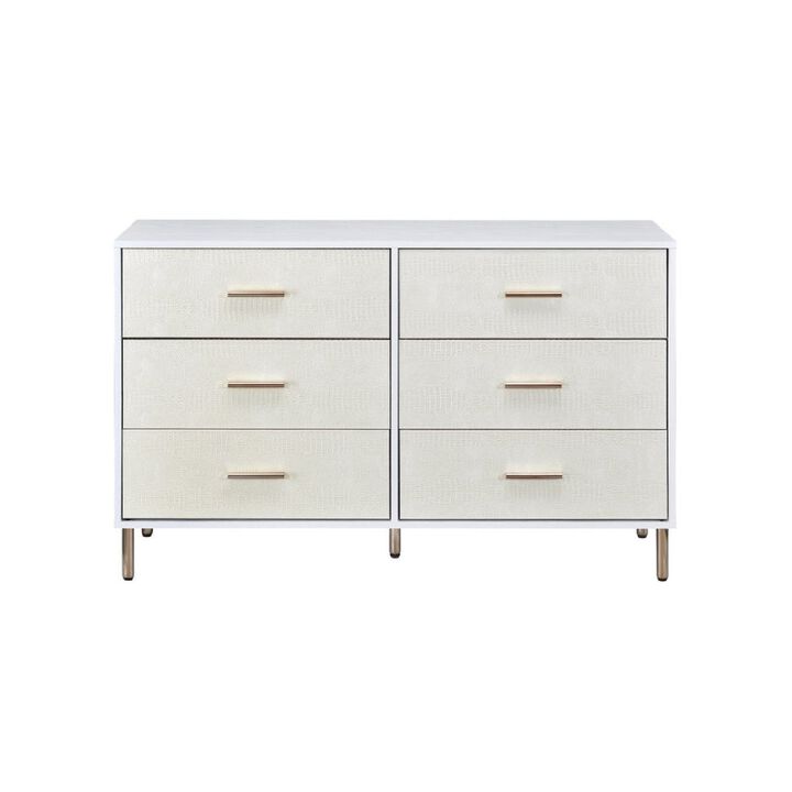 Emily 47 Inch Wood Side Dresser with 6 Drawers, Metal Bar Handles, White-Benzara
