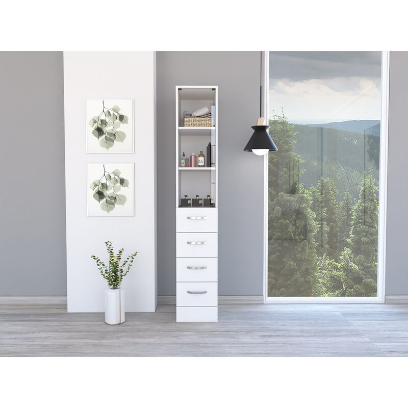 Vanguard Linen Cabinet, Three Shelves, Four Drawers -White