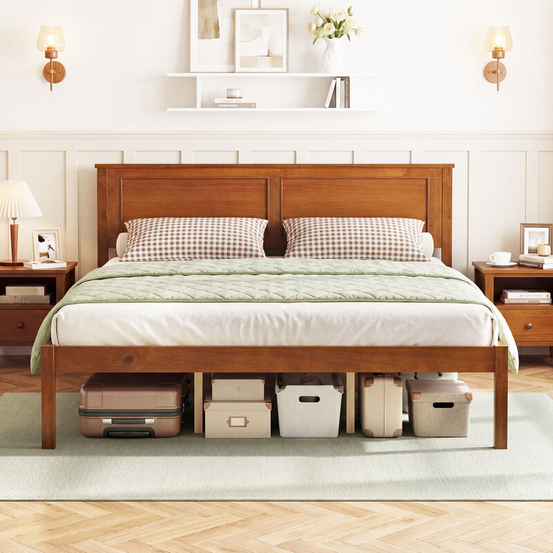 Farmhouse Wood Bed Frame with Headboard and Platform Design for Bedroom-Walnut image number 1