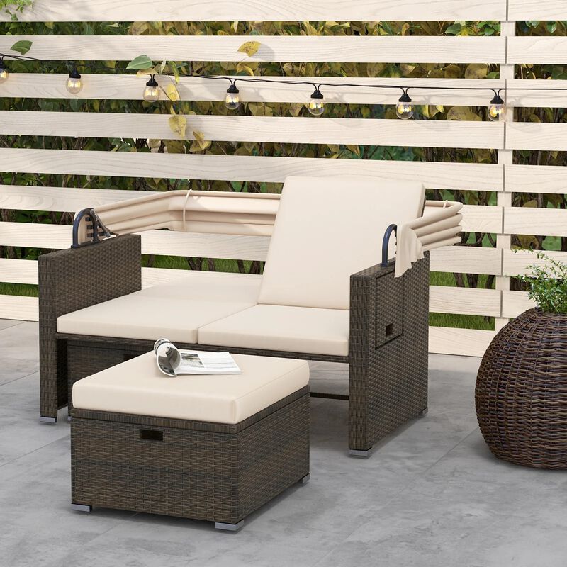 Mondawe Outdoor Patio Rattan Daybed with Retractable Canopy and Adjustable Backrests