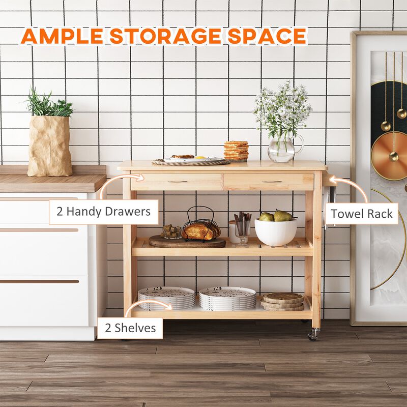 Movable Kitchen Cart, 36" Kitchen Cart Island, Rolling Kitchen Island Cart Utility Serving Cart with 2 Drawers, Burlywood