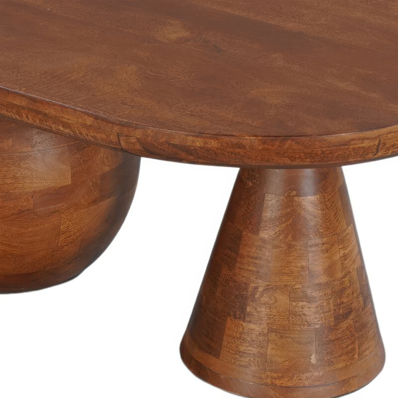 Leeds Coffee Table, 38" Handmade Walnut Brown Mango Wood Oval Top, Round Ball and Cone Base image number 4