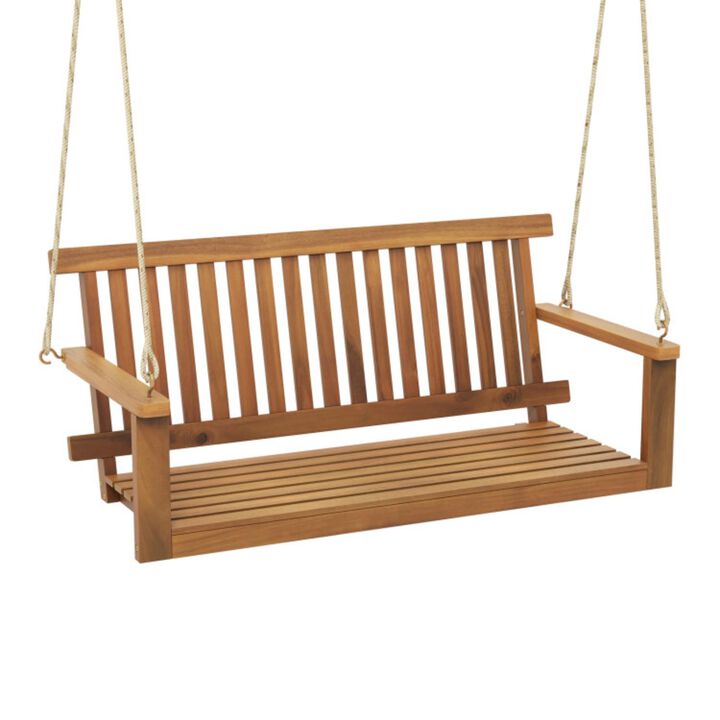 Hivvago 2-Seat Acacia Wood Porch Swing Bench with 2 Hanging Hemp Ropes