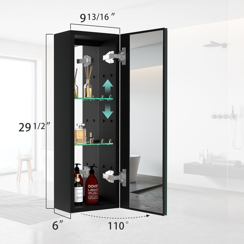 30x10 Inch Medicine Cabinets Aluminum Bathroom Medicine Cabinet Adjustable Glass Shelves Black