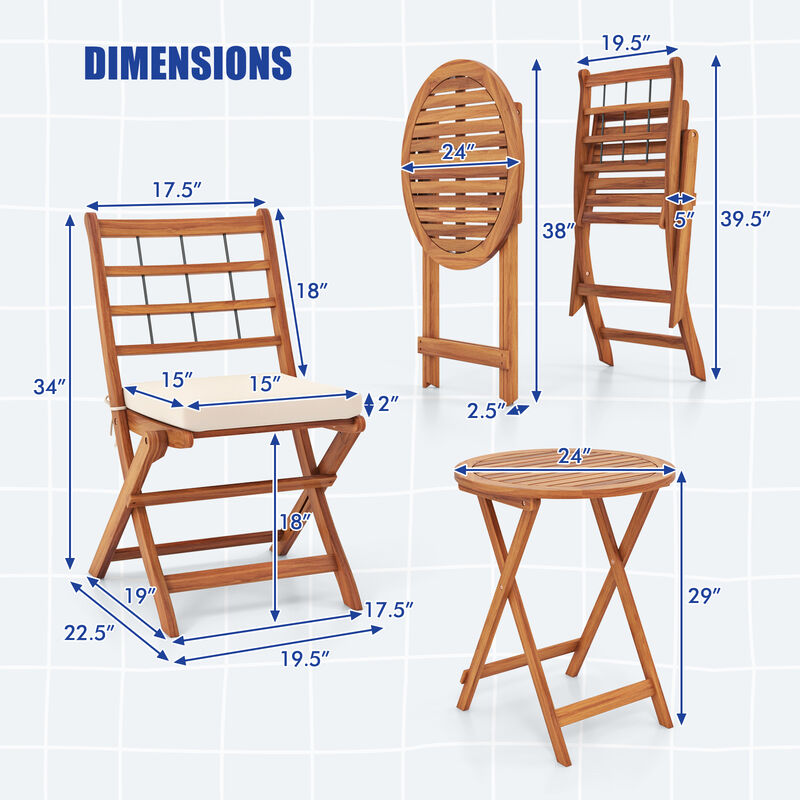 3 Pieces Acacia Wood Patio Bistro Set with Cushions