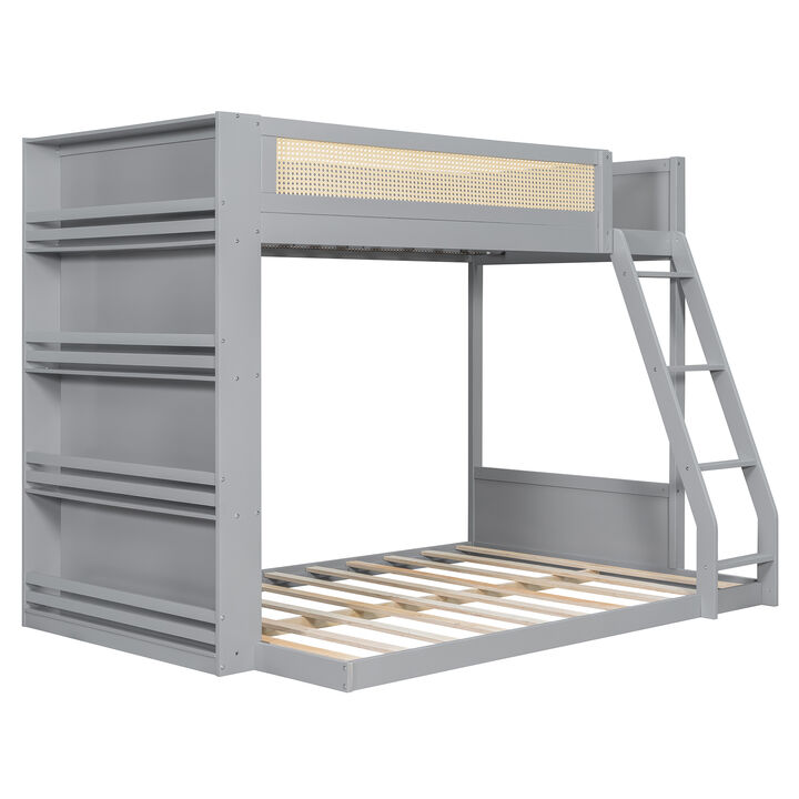 Merax Twin over Full Bunk Bed with Rattan Guardrail, LED Light & 4-Tier Side Bookshelf
