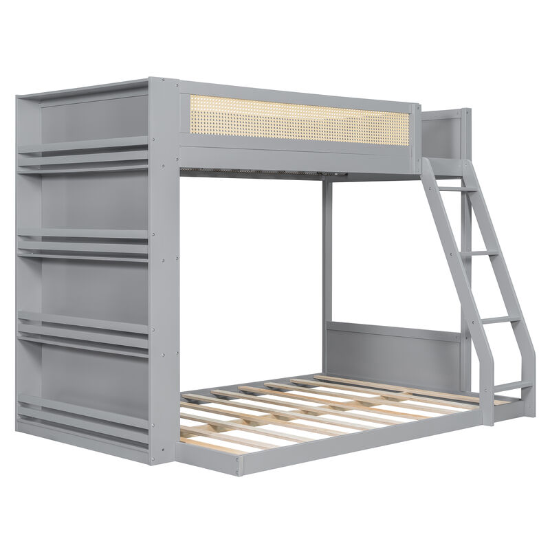 Merax Twin over Full Bunk Bed with Rattan Guardrail, LED Light & 4-Tier Side Bookshelf image number 0