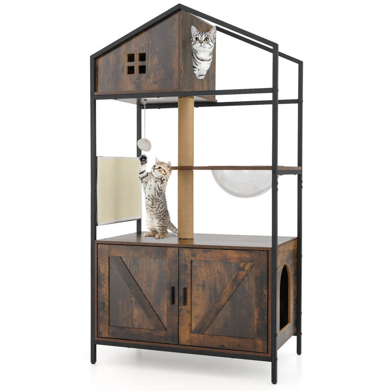 Industrial Indoor Cat Condo with Litter Box &ndash; Multi-Level Cat Tree Furniture - Rustic Brown image number 7