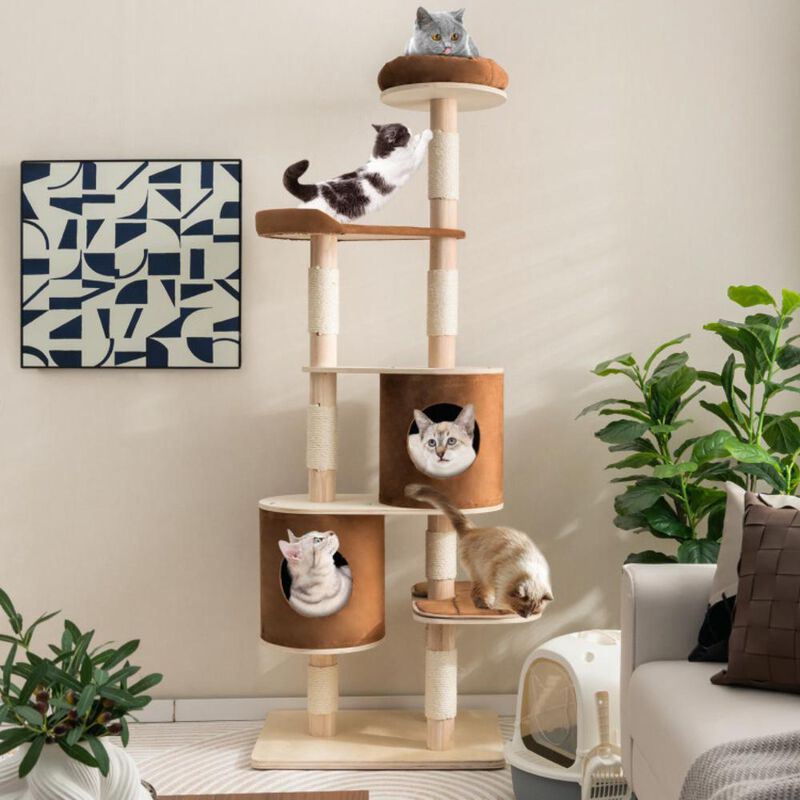 Hivvago 6-Tier Wooden Cat Tree with 2 Removeable Condos Platforms and Perch
