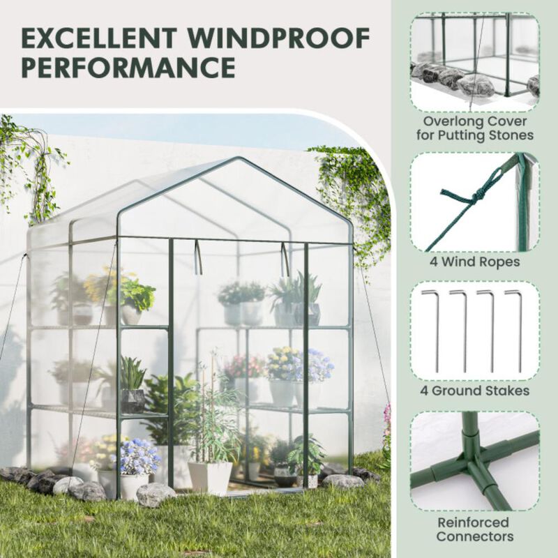 Hivvago Walk-in Greenhouse with 3 Tiers 8 Shelves PVC Cover Roll-up Zippered Door