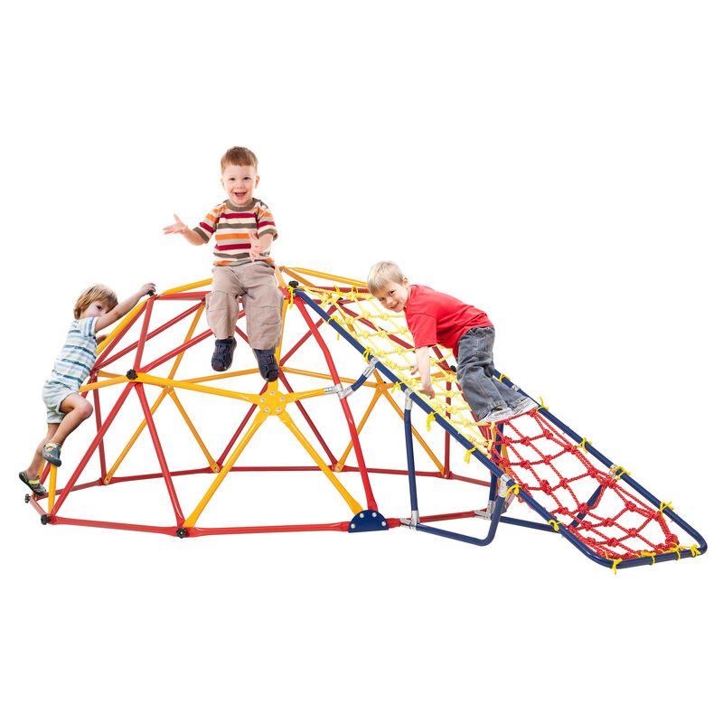 Outdoor Geometric Dome Climber with Climbing Cargo Net, 7FT Kids Playground Climbing Frame Backyard Jungle Gym for Kids Aged 3 to 8, Red and Yellow