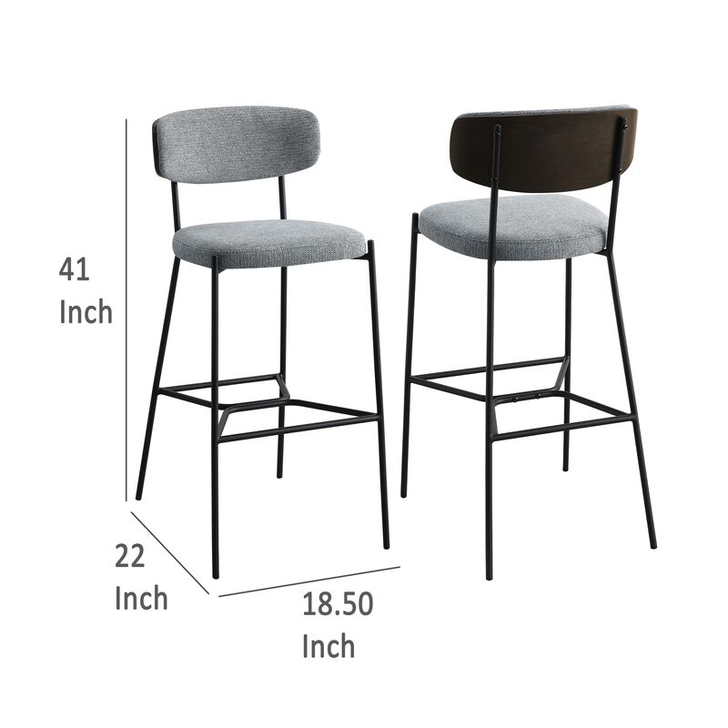 Ellina Pub Height Bar Chair Set of 2, Gray Fabric, Black Metal 30 Inch - Benzara