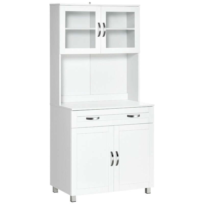 67" Buffet with Hutch, Modern Kitchen Pantry, Freestanding Storage Cabinet with Framed Glass Doors, Shelves and Drawers, White
