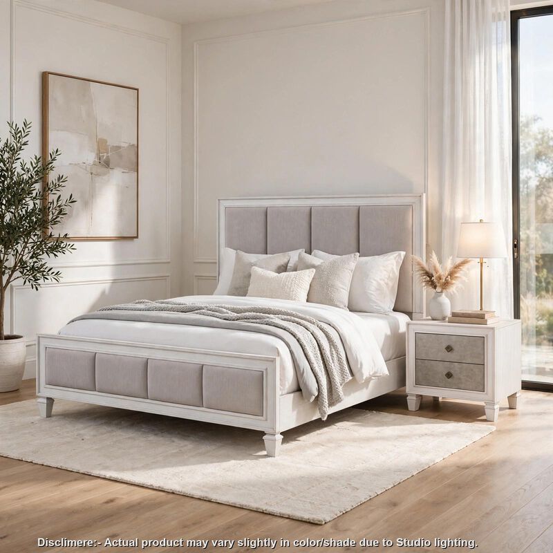 2pc King Bedroom Set, Upholstered Design, Gray and White, Nightstand image number 1