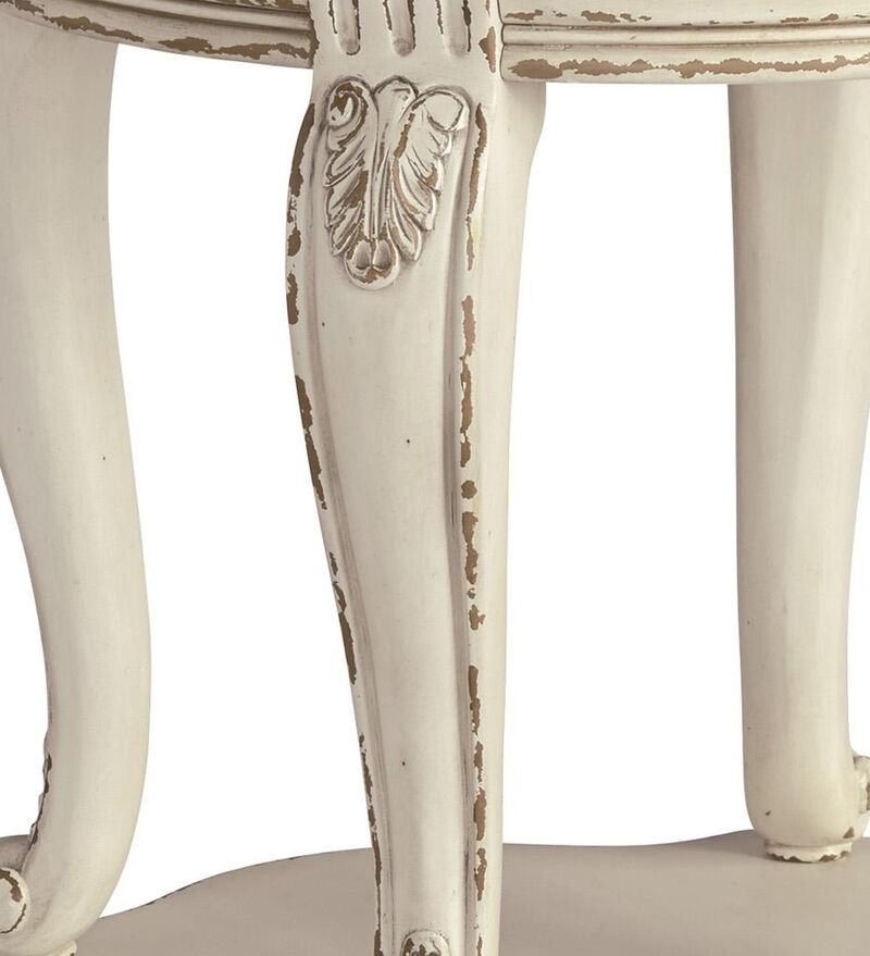 Round Wooden End Table with Open Bottom Shelf, Brown and Antique White