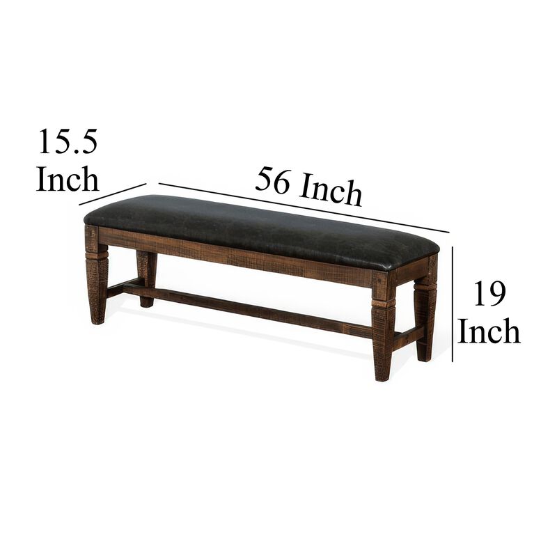 Flint Bench, Dark Gray Faux Leather, Dark Brown Mahogany, 56 Inch - Benzara